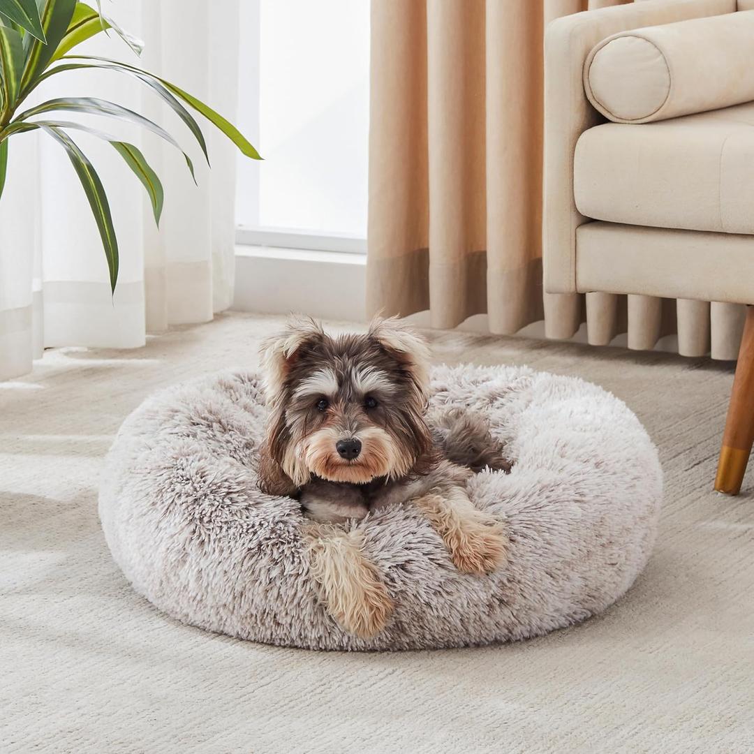 WESTERN HOME WH Calming Dog & Cat Donut Cuddler, Anti-Anxiety Warming Cozy Soft Round Bed, Fluffy Faux Fur Plush Cushion for Small Medium Dogs and Cats (24.0"L x 24.0"W x 7.0"Th, White Khaki)