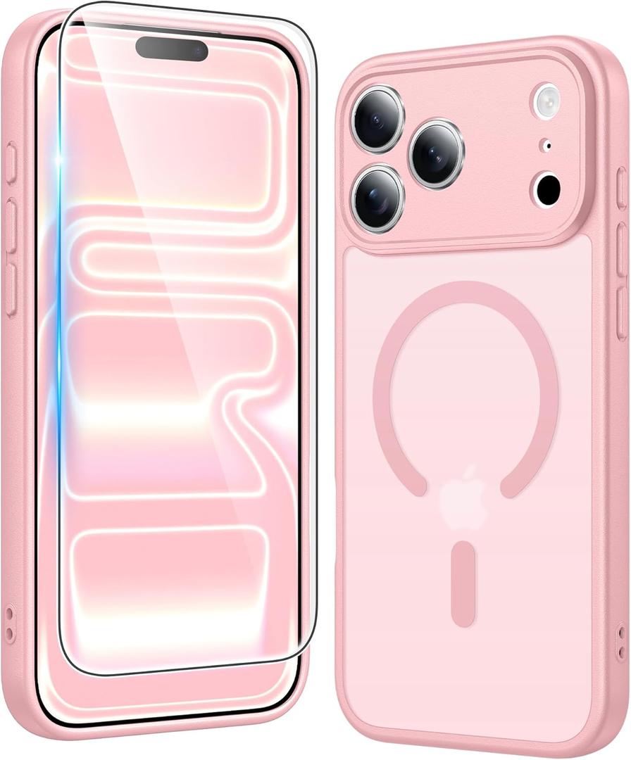 FNTCASE for iPhone 17 Pro Case: Matte Magnetic Phone Cases with Screen Protector Compatible with Magsafe Slim Anti Yellowing Rugged Shockproof Protective Translucent Cell Phone Cover (C-Pink)