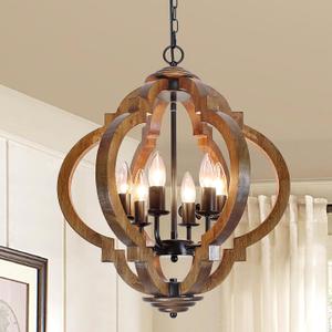 Farmhouse Rustic Wooden Chandelier, 6-Light Farmhouse Hanging Light Fixture with Black Metal & Brown Wood, for Dining Room, Kitchen, Living Room, Entryway, Foyer, Bedroom, Hallway