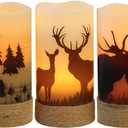 Eldnacele Flameless Flickering Candles Deer, Moose, Bear Decal with Hemp Rope and 6H Timer, Battery Operated LED Pillar Candles Real Wax Home Dcor Christmas and Gift Set of 3 (White)