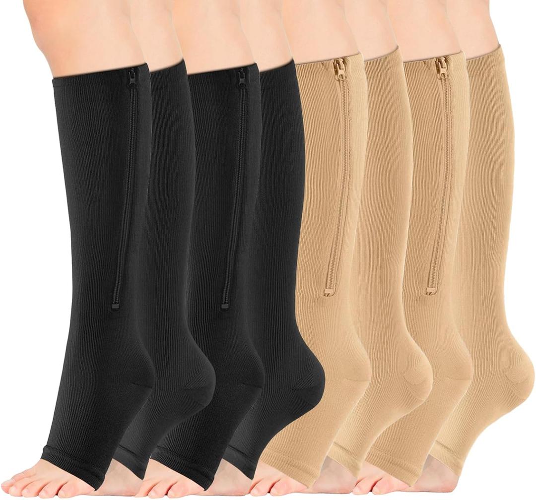 4 Pairs Zipper Compression Socks Women & Men, Toeless Compression Socks, 15-20mmhg Knee High, Anti-Pinch Zipper for Varicose Veins, Elderly, Pregnancy, Nurses, Travel (Large-X-Large)