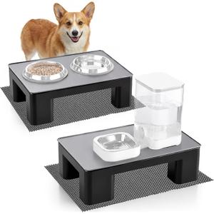 2 Pcs Raised Dog Bowl Stand with Waterproof Dog Food Mat, Non Slip, Black
