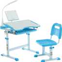 Diroan Kids Functional Desk and Chair Set, Ergonomic Height Adjustable Children School Study Desk with Tilt Desktop, Book Stand, LED Light, Metal Hook and Storage Drawer for Boys Girls(Blue), Large