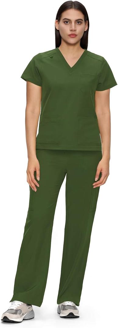 floralhue Scrubs for Women, V-Neck Scrubs Top & Cargo Pants with 12 Pockets, Yoga Waistband, 4 Way Stretch (M)
