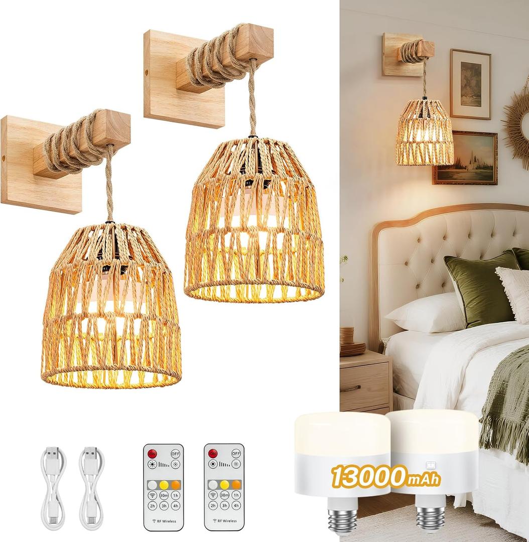 Rattan Wall Sconce, Battery Operated Wall Sconce, Rechargeable Sconces Set of 2 with 13000mAh Bulbs, Boho Wireless Battery Powered Lamp/Lights for Bedroom (Wood)