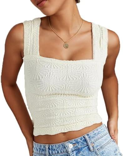 Pack of 2, Square Neck Tops for Women, Summer Wide Strap Crop Tops Going Out