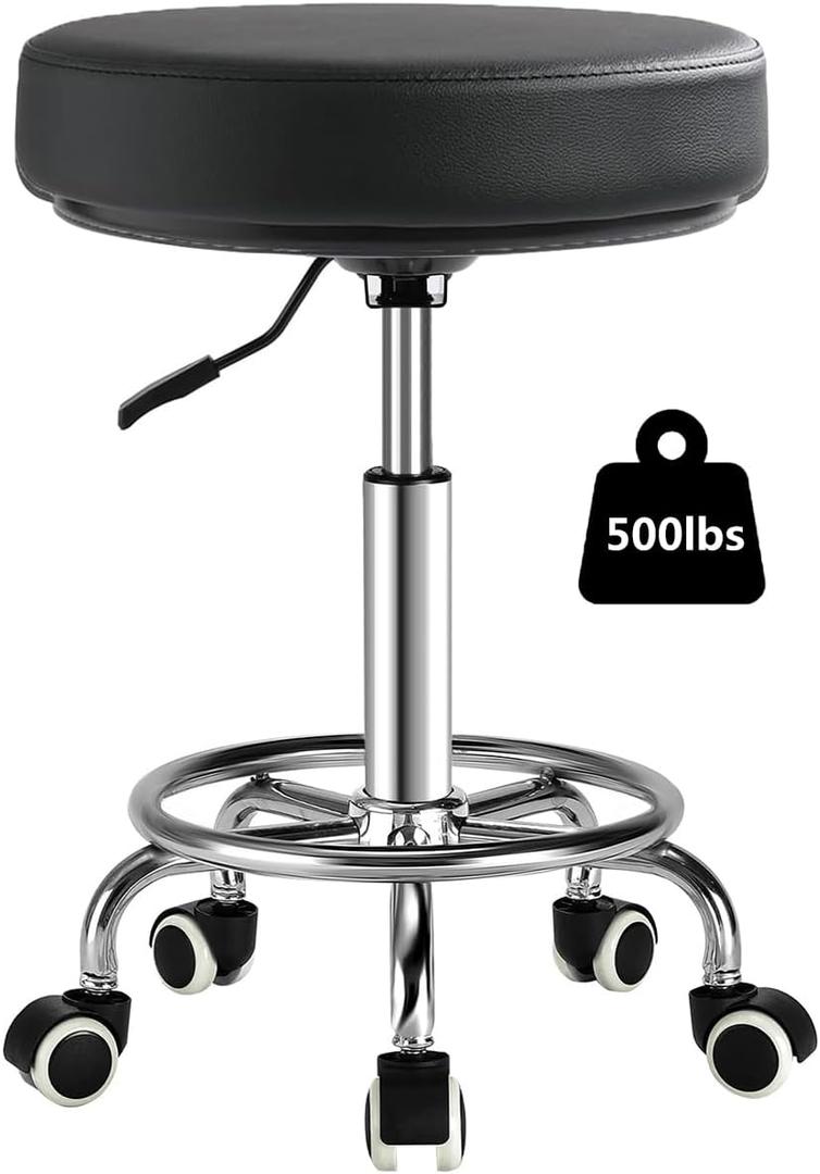 Adjustable Rolling Stool with Wheels Heavy Duty 500lb Round Rolling Stool with Footrest, Patent Leather Drafting Stool Chair with Wheels Work Spa Salon Seat, Black, 22.44 in x 22.44 in x 10.23 in