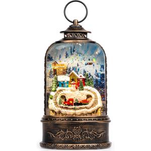 Christmas Snow Globe Lantern Water Glittering Snowman & Train with Music & Timer, USB Lined/Battery Operated Lighted Lantern for Christmas Festival Decoration Gifts