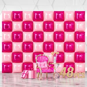 NISOCY 48PCS Hot Magenta Pink Square Foil Balloons Wall Backdrop Double Sided Metallic Pink Balloons Arch Kit for Anniversary Bachelorette Birthday Engagement Bridal Baby Shower Party Decorations
