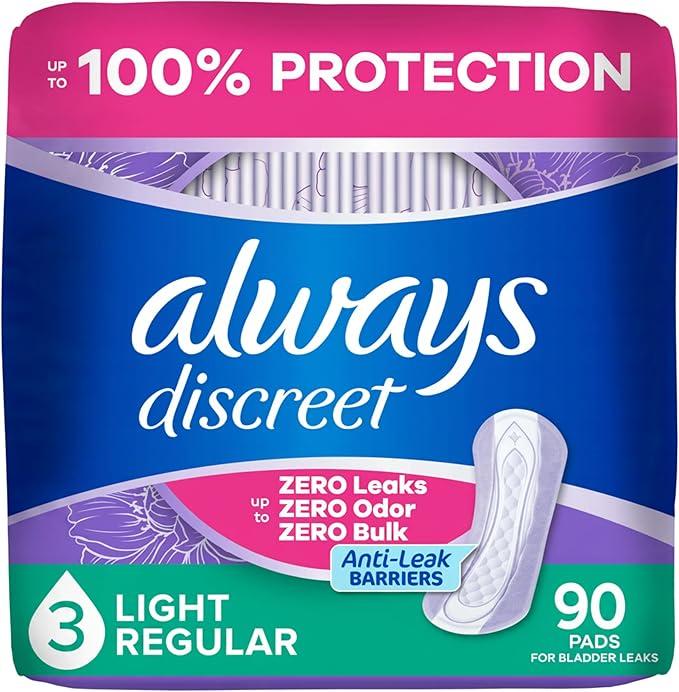 Always Discreet Adult Incontinence Pads for Women, Drier, 3 Drop Regular Length, Light Absorbency, Pads for Bladder Control Management, Bladder Leaks, & Postpartum Pads, 90ct