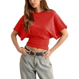 Lumister Shirts for Womens Crewneck Tighten Waist T-Shirt Casual Short Sleeve Workout Tops Solid Color Basic Tees (Red, L)