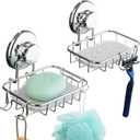 HASKO 2-Pack Suction Cup Soap Holder Bar Soap Dish for Shower with Hooks for Bathroom Optional Mounting with Adhesive Tape or Glue Includes 2 Soap Savers Stainless Steel SS304 - Silver