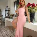 LAGSHIAN Women's Elegant Square Neck Sleeveless Bodycon High Split Ruched Long Formal Evening Dress (S)