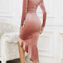 NASHALYLY Elegant Velvet Dress for Women,Sexy Long Sleeve Bodycon Mermaid Dress Ruched Cocktail Party Wedding Square Neck (Pink)