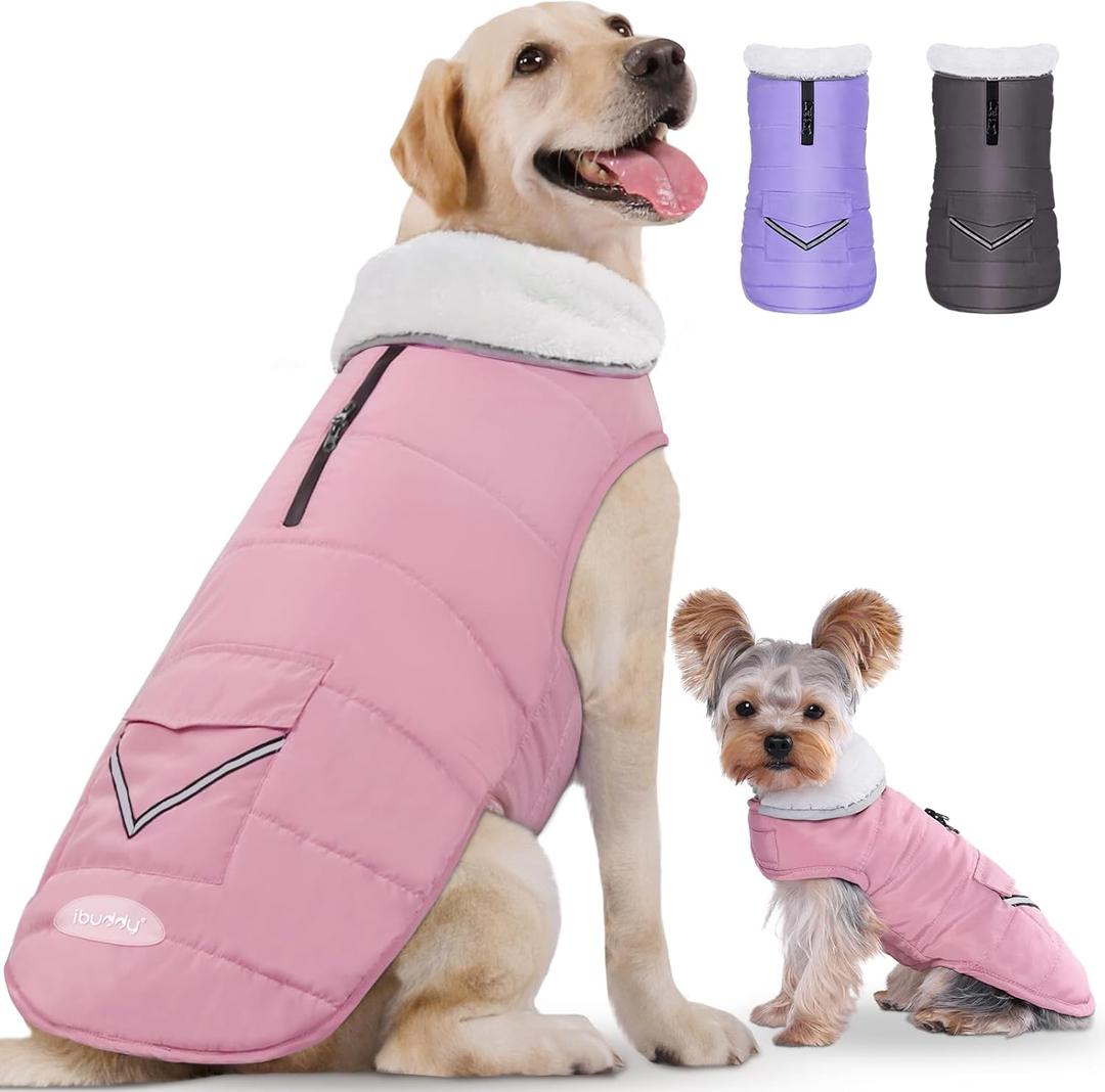 iBuddy Dog Winter Jacket for X-Large Dogs, Easy on Dog Fleece Snow Coat Velcro Waterproof Pet Puffer Coat with Harness Hole Adjustable Reflective Quilted Pet Cold Weather Vest for Girl Female (Pink,XL)