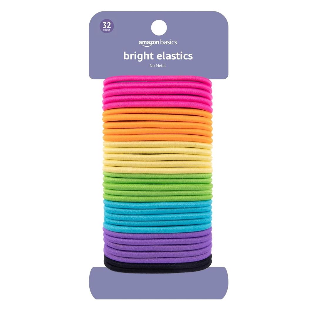 Amazon Basics No Damage Elastic Hair Ties, Ponytail Holders for Thick Hair, No Pull, Secure Hold, Snag-Free, Bright 4 MM Elastics for All Types, 32 Count