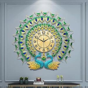 Large Peacock Wall Clock 27.6 inch Non-Ticking Silent Crystal Creative Personality Modern Art Decorative Wall Clocks for Living Room Decor (Green)
