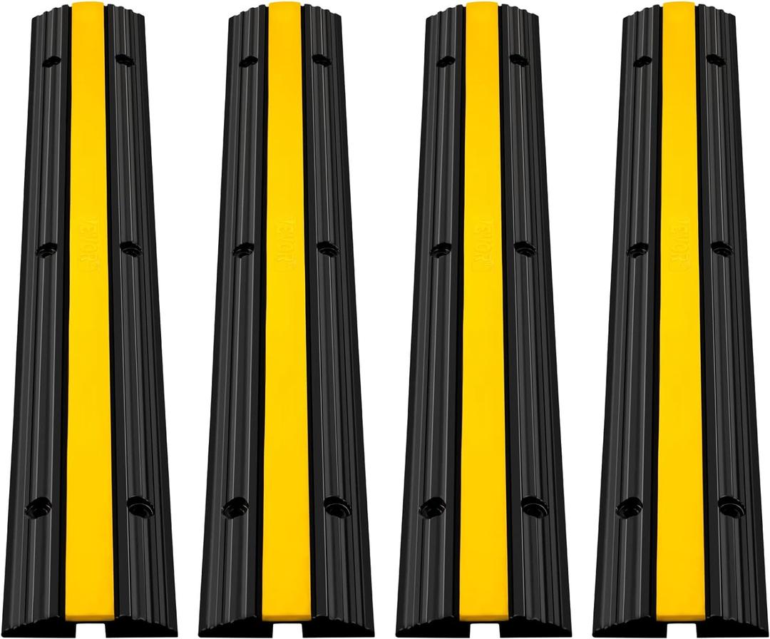 Happybuy 4 Pack of 1-Channel Rubber Cable Protector Ramps Heavy Duty 18000Lbs Load Capacity Cable Wire Cord Cover Ramp Speed Bump Driveway Hose Cable Ramp Protective Cover