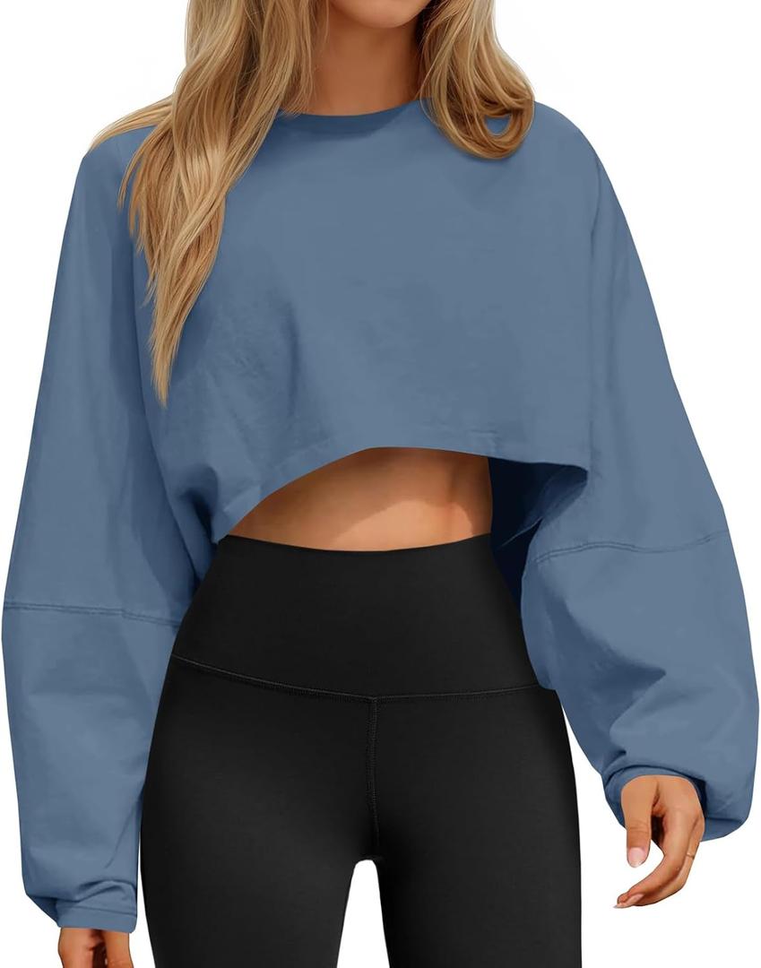 Tankaneo Womens Long Ballon Sleeve Sweatshirts Tops Cropped Crew Neck Loose Fit Casual Workout Shirts (Large, Navy)