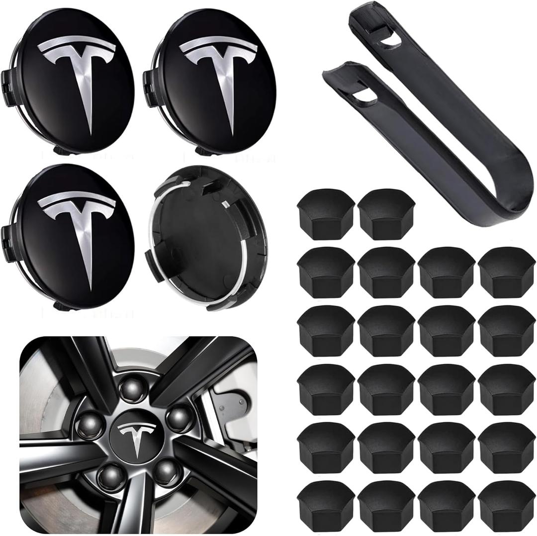 Car Wheel Center Hub Cap Kit with Logo Hubcaps Accessories for TES la Model 3 Model Y 4 Black & Sliver Hub Center Caps + 22 Black Lug Nut Covers (Black&Sliver)