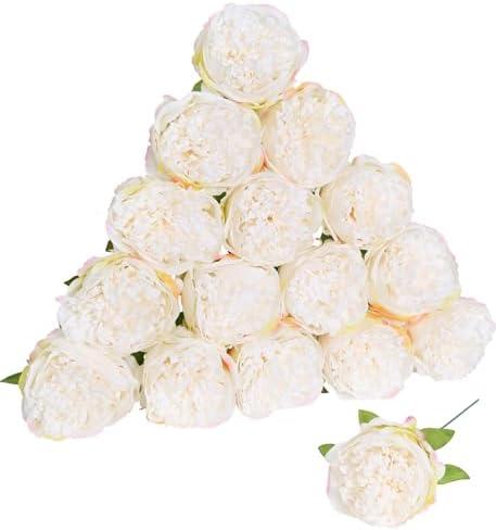 Fqueelvys 16pcs Peony Artificial Flowers Fake Peonies Bulks Cream White Silk Peonies Flowers Faux Peony Flowers Heads with Stems for Home Wedding Party Festival Baby Shower Decorations (Cream White)