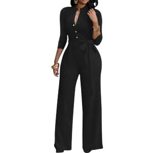 LalaLin Sexy 3/4 Sleeve Jumpsuit for Women V Neck High Waisted Long Wide Leg Pant Button Down Party Romper with Belt (Large)