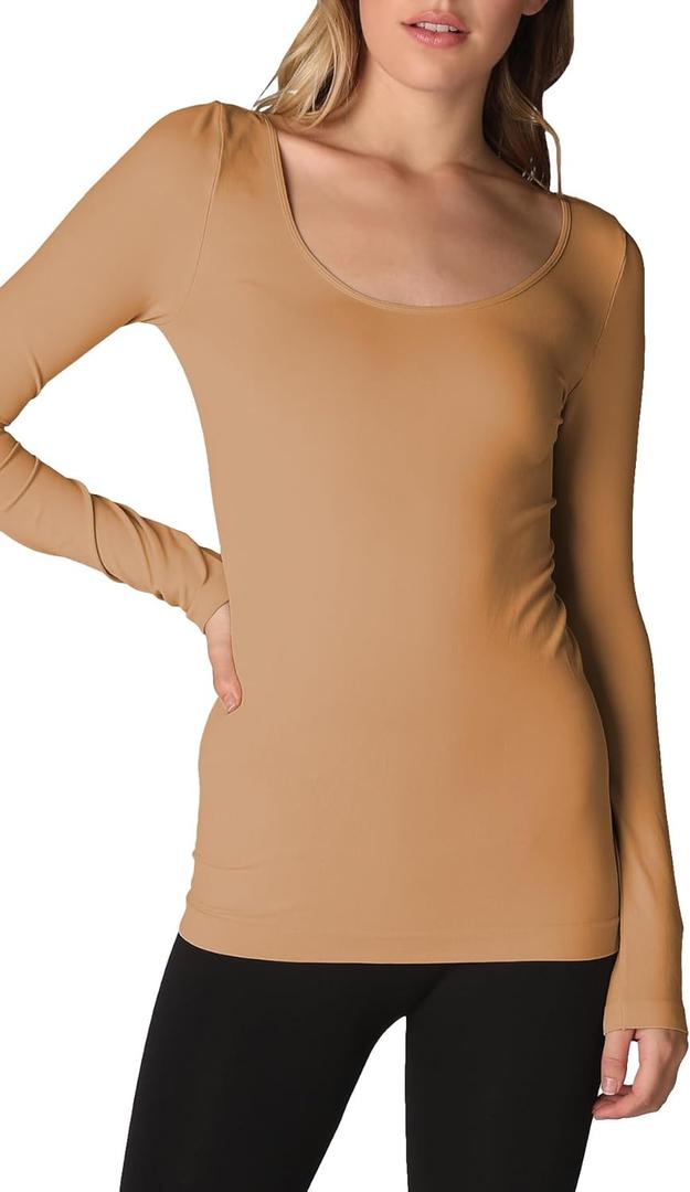NIKIBIKI Women Seamless Long Sleeve Scoop Neck Top, Made in U.S.A, One Size