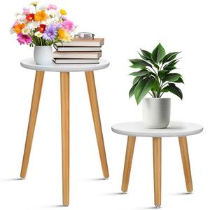 Briwooody 2 Pcs Indoor Plant Stand Mid Century Vintage Wood Modern Flower Pots Holder Round Side Table End Table Plant Stools for Living Room Corner Balcony Decor (White)