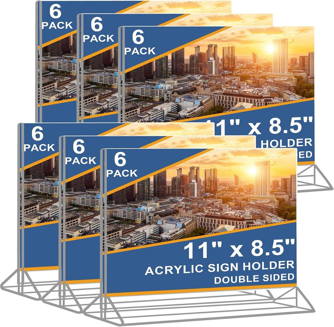 Horizontal Acrylic Sign Holder 8.5 x 11 - Double Sided T Shape Menu Table Stands, Plastic Paper Flyer Display Stand, Clear Picture Photo Frames for Wedding, Office, Store, Restaurant (6 Pack)