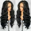 SOKU 13x6 Long Body Wave Lace Front Synthetic Wigs for Black Women 30 Inches Natural Black Glueless Wavy Wig Pre Plucked Hairline with Baby Hair Transparent Lace Frontal for Daily Wear