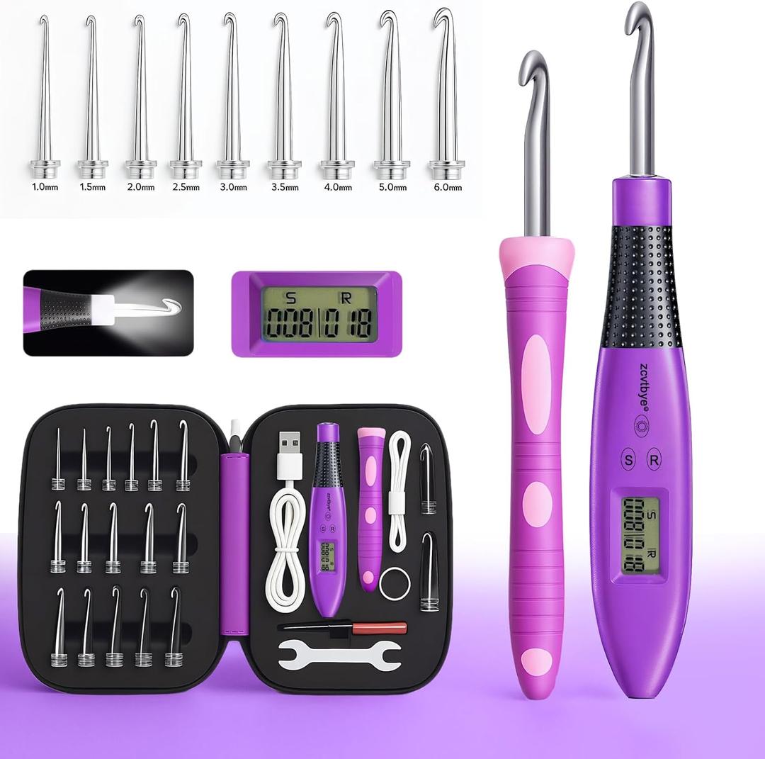 Light Up Crochet Hook Set with Stitch Counter,Crochet Kit with 18 Different Size Interchangeable Crochet Needle,Ergonomic with 2 Levels Led and Digital Stitch Counter for Crocheting and Knitting