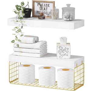 QEEIG Bathroom Shelves Over Toilet - Wall Mounted Floating Shelves Toilet Paper Storage Small Modern Decor Shelf 16 inch Set of 2, White and Gold (019-WG2)