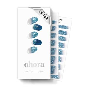 ohora Semi Cured Gel Nail Strips (N Waterbomb) - Blue, Glitter, Works with Any UV/LED Lamps, Salon-Quality, Long Lasting, Easy to Apply & Remove - Includes 2 Prep Pads, Nail File & Wooden Stick