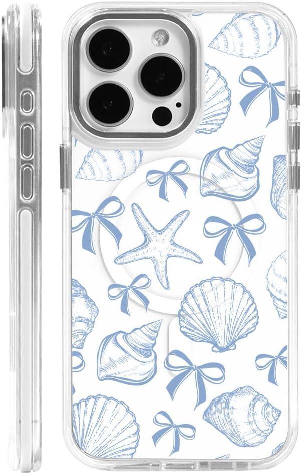 DAIZAG Case for iPhone 16 Pro, [Compatible with MagSafe],Phone Case for Women Girls Magnetic Clear Cover,Blue Seashell Bow