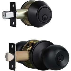 Front Door Lock Set Exterior Door Lock Set with Deadbolt, Single Cylinder Deadbolt Lock and Door Knob Set, Keyed Alike,Matte Black Door Knob and Deadbolt Set(1Pack Set)