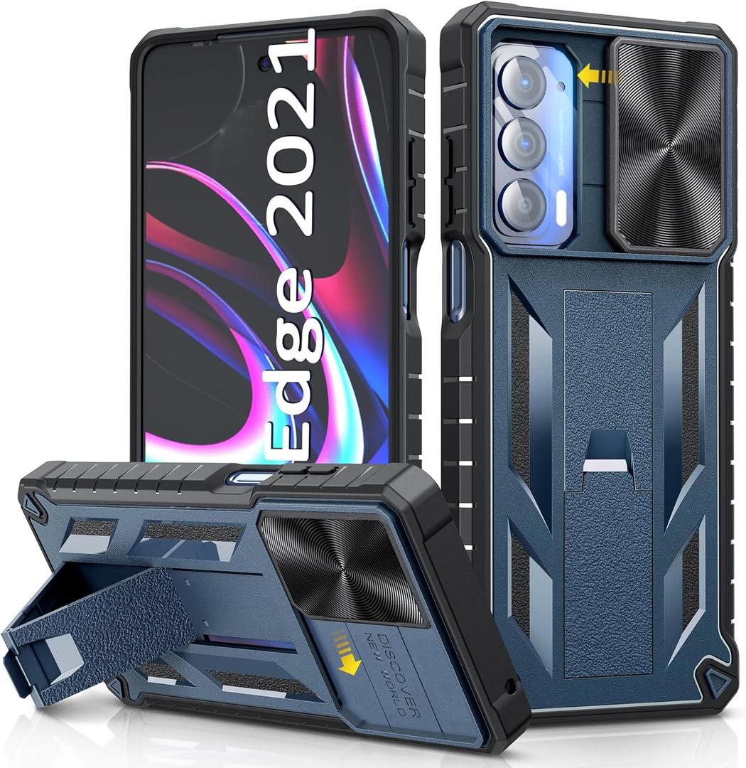 for Motorola Moto Edge 2021 Case | Edge 5G UW Case: Kickstand & Slide Lens Protector Cover - Shockproof Rugged Military Grade Protective Case for Men Women - 6.8 inch Armor Designed - Blue