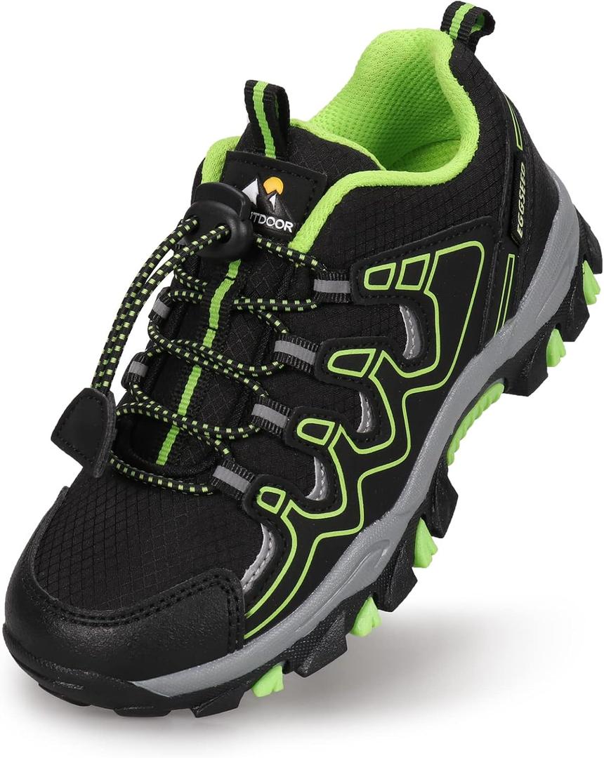 Boys Girls Hiking Trail Shoes Waterproof Slip Resistant Outdoor Trekking Walking Running Sneakers(1Little Kids) (Black/Green)