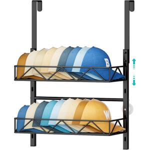 HapiRm Hat Organizer for Baseball Caps - 2 Tier Over the Door & Wall Mounted Hat Rack with 2 Adjustable Metal Basket, Storage Holds up to 20 Caps for Door, Bedroom, Closet (Black)