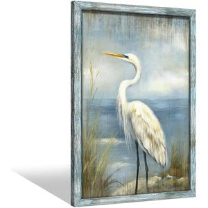Coastal Beach Framed Wall Art: Large Heron Wooden Painting Ocean Sea Bird Prints Blue Seasacoe Picture Beach Seashore Artwork for Bathroom Bedroom Home Office 30x30 In