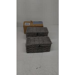 Mkono Storage Baskets Bin with Lid Decorative Paper Rope Handwoven Basket Organizer for Shelves Wardrobe Toilet Tank Top, Rectangular Wicker Home Decor Box for Bedroom Living Room, Set of 2, Grey