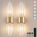 Battery Operated Wall Sconce Set of 2, Modern Crystal Wall Sconces Gold Vanity Wall Light with Frosted Glass Luxury Wall Light Fixtures for Bedroom Living Room Dining Room Vanity Mirror Light