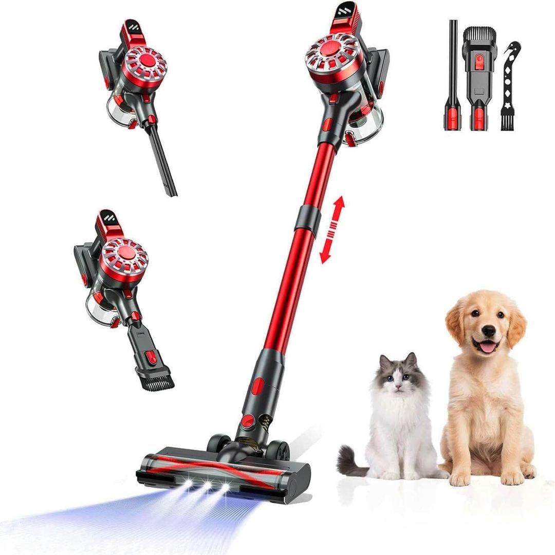 Cordless Vacuum Cleaner,Vacuum Cleaners for Home with Super Suction,Lightweight Stick Vacuum with 35 Mins Runtime,Rechargeable Cordless Vacuum for Carpet, Tile, Pet Hair, Hardwood Floors(Red Black)