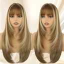 Brown Long Straight Layered Wig with Bangs for Women 26 inch Light Brown with Blonde Put on Go Realistic Synthetic Heat Resistant Natural Wig for Girls Party Cosplay and Daily Use