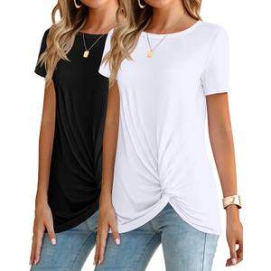 Ficerd 2 Pcs Womens Casual Tunic Tops Twist Knot Short Sleeve T Shirt Summer Tees Crew Neck Shirts Loose Comfy Blouses
