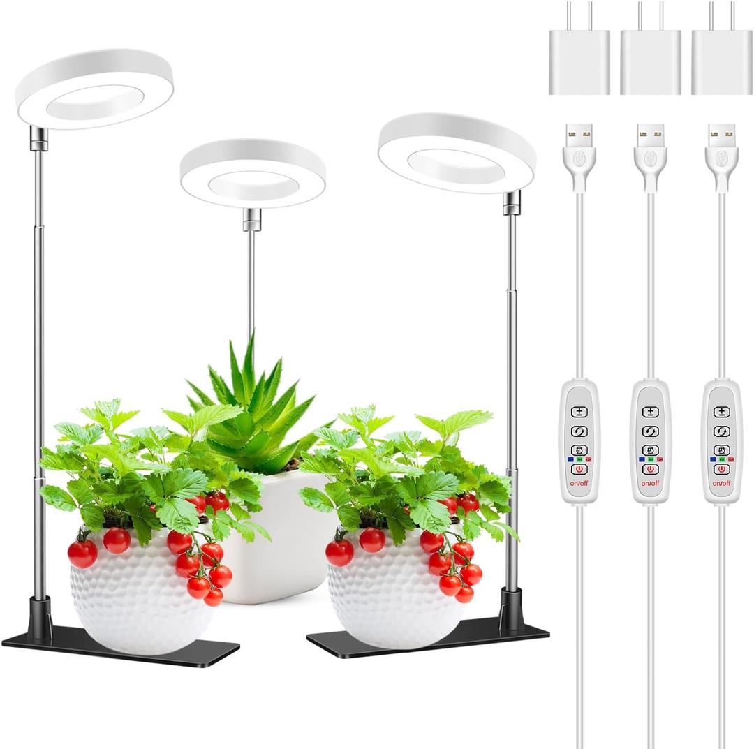 Grow Lights for Indoor Plants, 48 LEDs Full Spectrum Halo Plant Light for Indoor Plants, Height Adjustable Growing Lamp with Detachable Base, 3/9/12Hrs Timer, 10 Brightness, 3-Pack (White-3.4in)