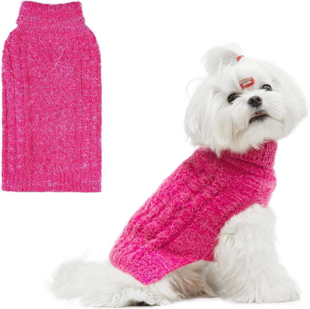 Turtleneck Small Dog Sweaters - Classic Cable Knitwear Winter Coat for Small Medium Dogs Male Female Puppy Dog Cold Weather Clothes Girls Boys, Hot Pink, S/M