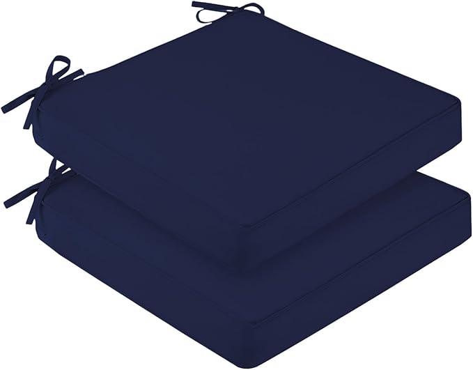 downluxe Waterproof Outdoor Chair Cushions for Patio Furniture, 18" x 18" x 2" Patio Chair Cushion with Adjustable Ties & Portable Handle, Square Outdoor Cushion with Removable Cover, Navy, 2 Pack