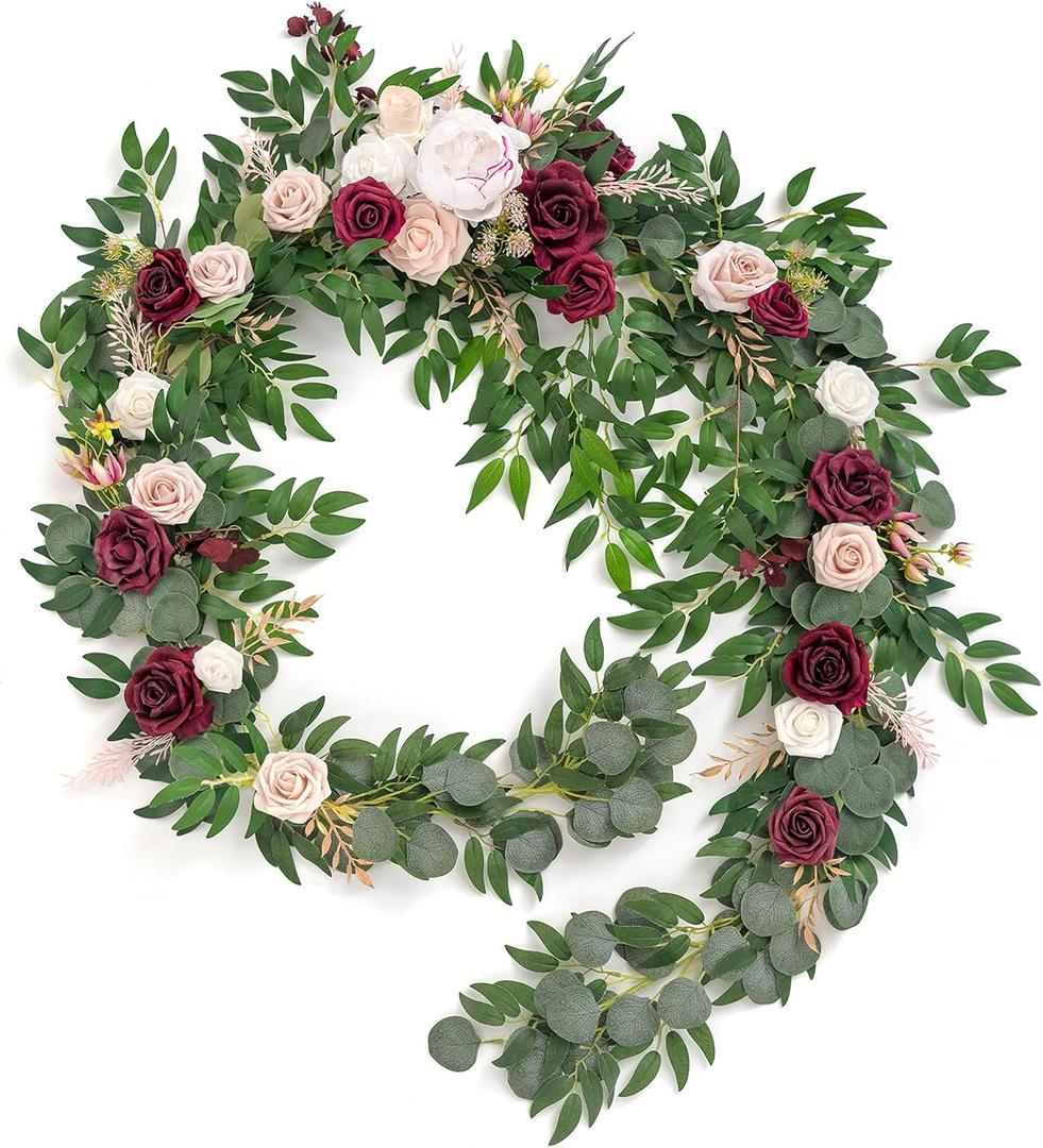 Ling's Moment 9FT Spring Flower Garland - Wedding Arch Flowers, Eucalyptus & Rose, Artificial Floral Garland for Mantle - Sweetheart Table Decor for Reception, Backdrop Decorations, Marsala Ling's Moment 9FT Spring Flower Garland - Wedding Arch Flowers, Eucalyptus & Rose, Artificial Floral Garland for Mantle - Sweetheart Table Decor for Reception, Backdrop Decorations, Marsala