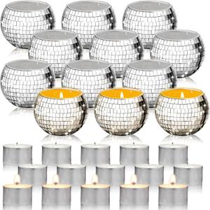 Maxcheck 24 Pcs/12 Sets Disco Ball Candle Holders Bulk Wedding Decoration Disco Ball Centerpieces Includes Votive Mosaic Glass Tea Light Holders and Tea Light Candles for Activity Party