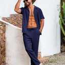 Men Summer Casual Short Sleeve Pant Sets Solid Button Down Shirt Elastic Pants 2 Piece Outfits Beach Tracksuit, Large 